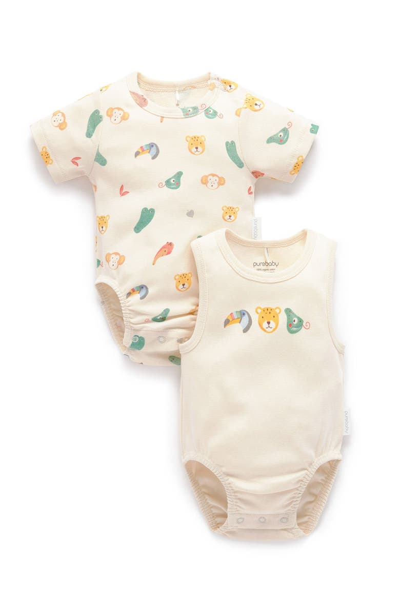 Purebaby 2 Pack Short Sleeve Ribbed Bodysuit Animal, Main, color, Fiesta Heads Print
