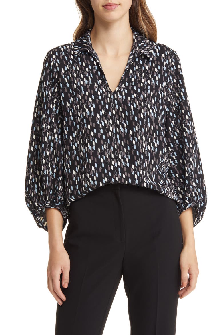 Poet Sleeve Top, Main, color, BLACK- GREY FLOATING GEO