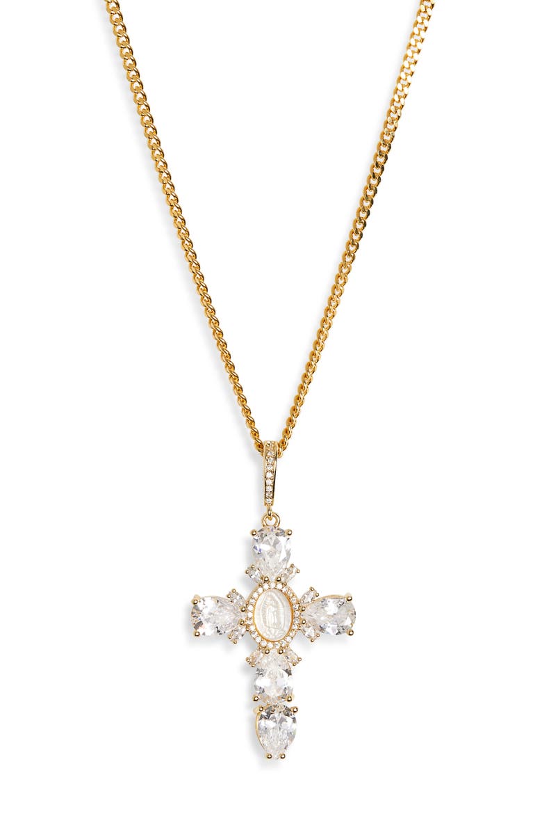 Virgin Mary Cross Pearl Necklace, Main, color, GOLD