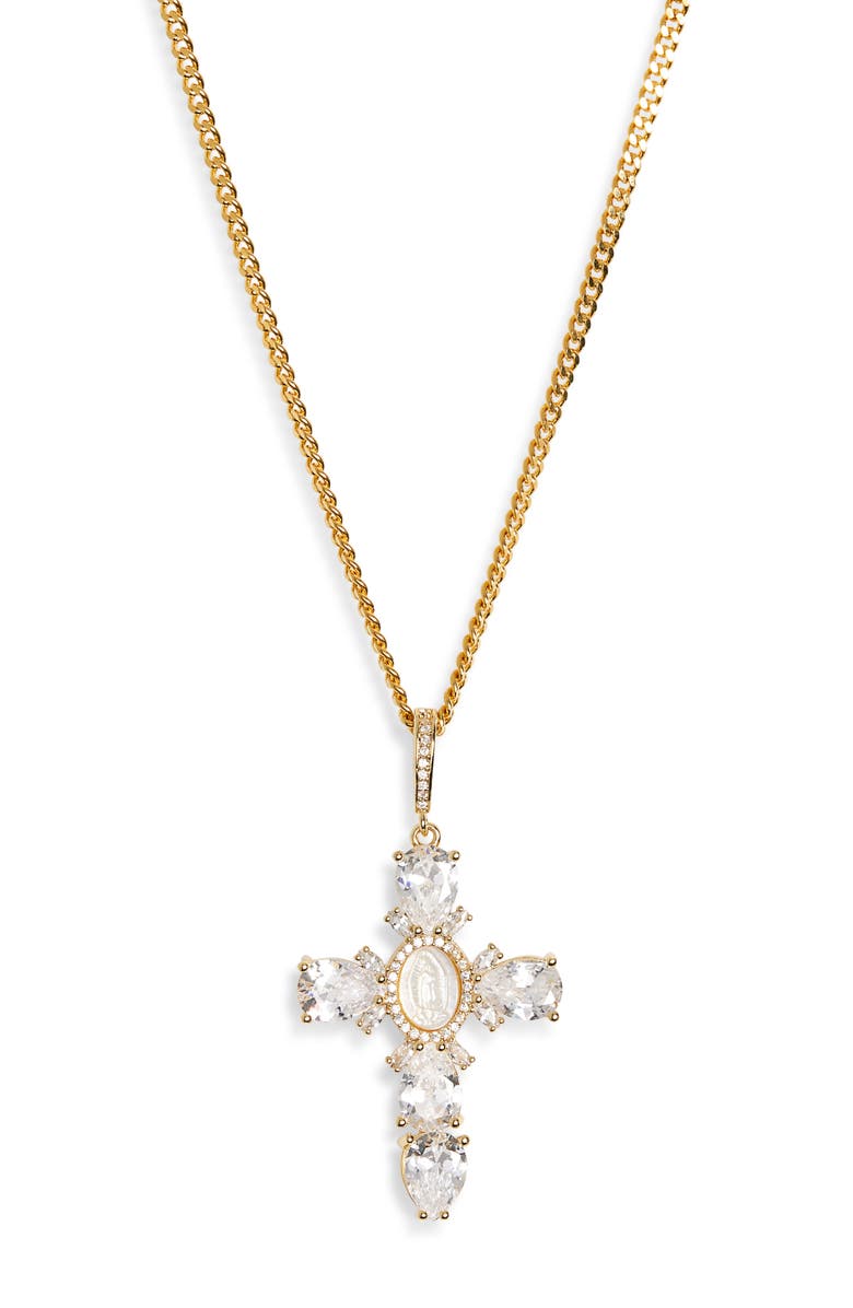 VIDAKUSH Virgin Mary Cross Pearl Necklace, Main, color, Gold