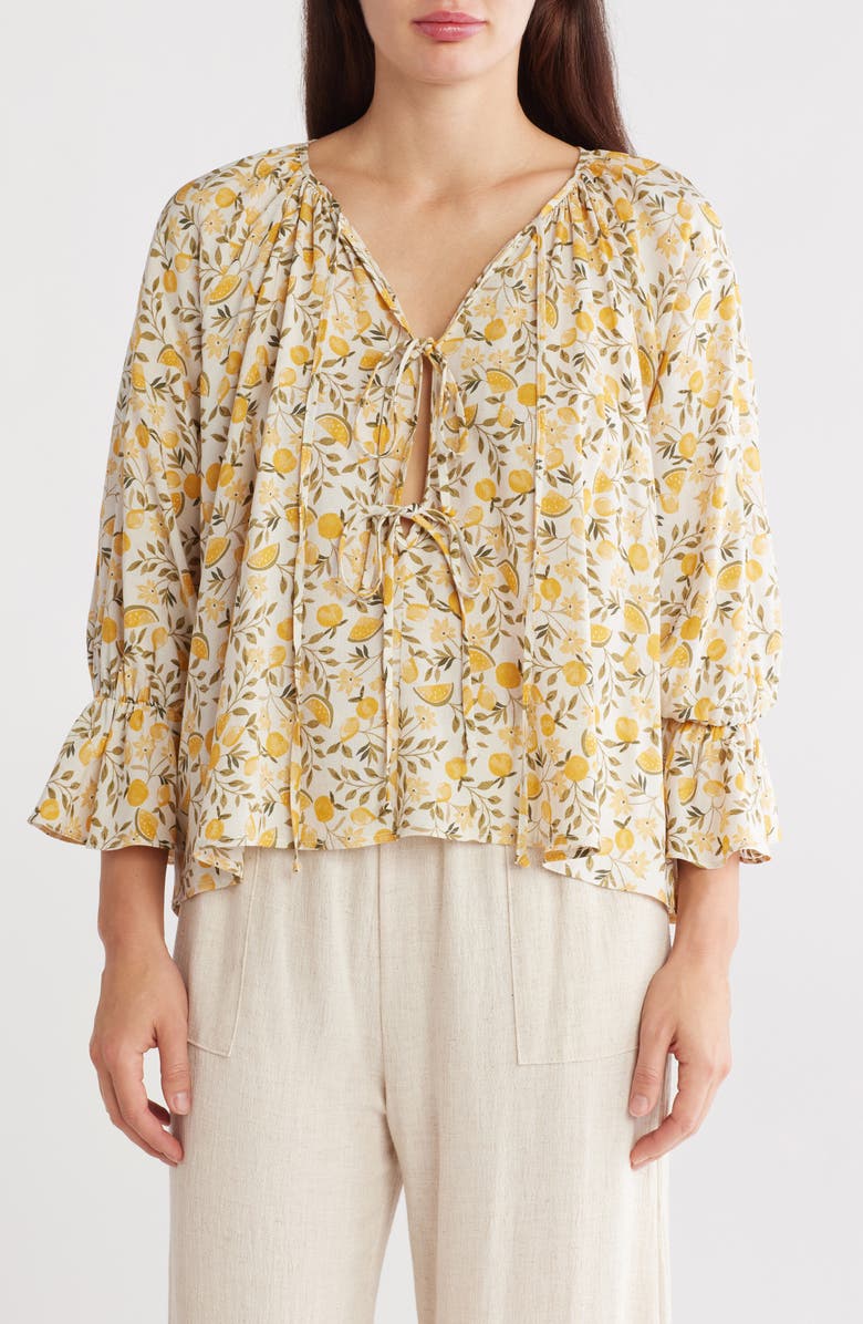 Renee C Lemon Print Tie Front Long Sleeve Top, Main, color, Taupe