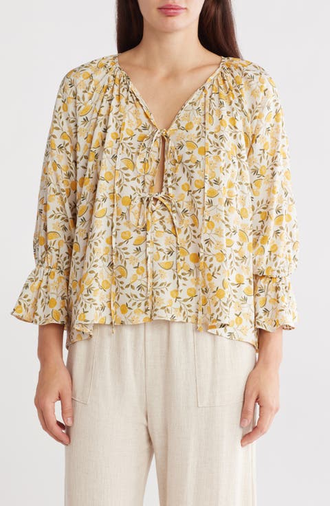 Lemon Print Tie Front Long Sleeve Top