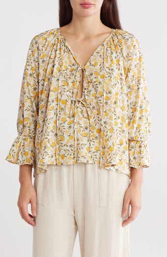 Lemon Print Tie Front Long Sleeve Top