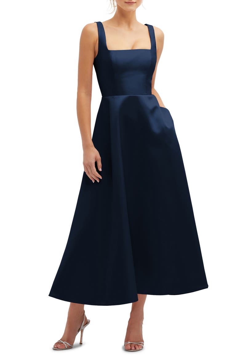 Square Neck Sateen Midi Gown, Main, color, MIDNIGHT