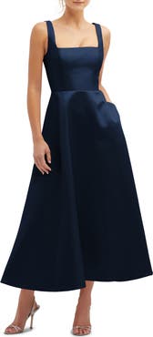 Dessy Collection Square Neck Sateen Midi Gown