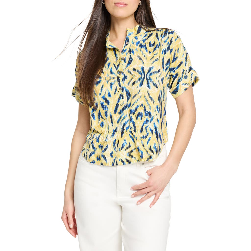 Shop Nic + Zoe Nic+zoe Sunny Skies Half Button Linen Blend Shirt In Yellow Multi