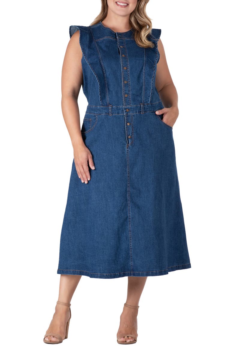 Ruffle Sleeveless Denim Dress, Alternate, color, DARK BLUE