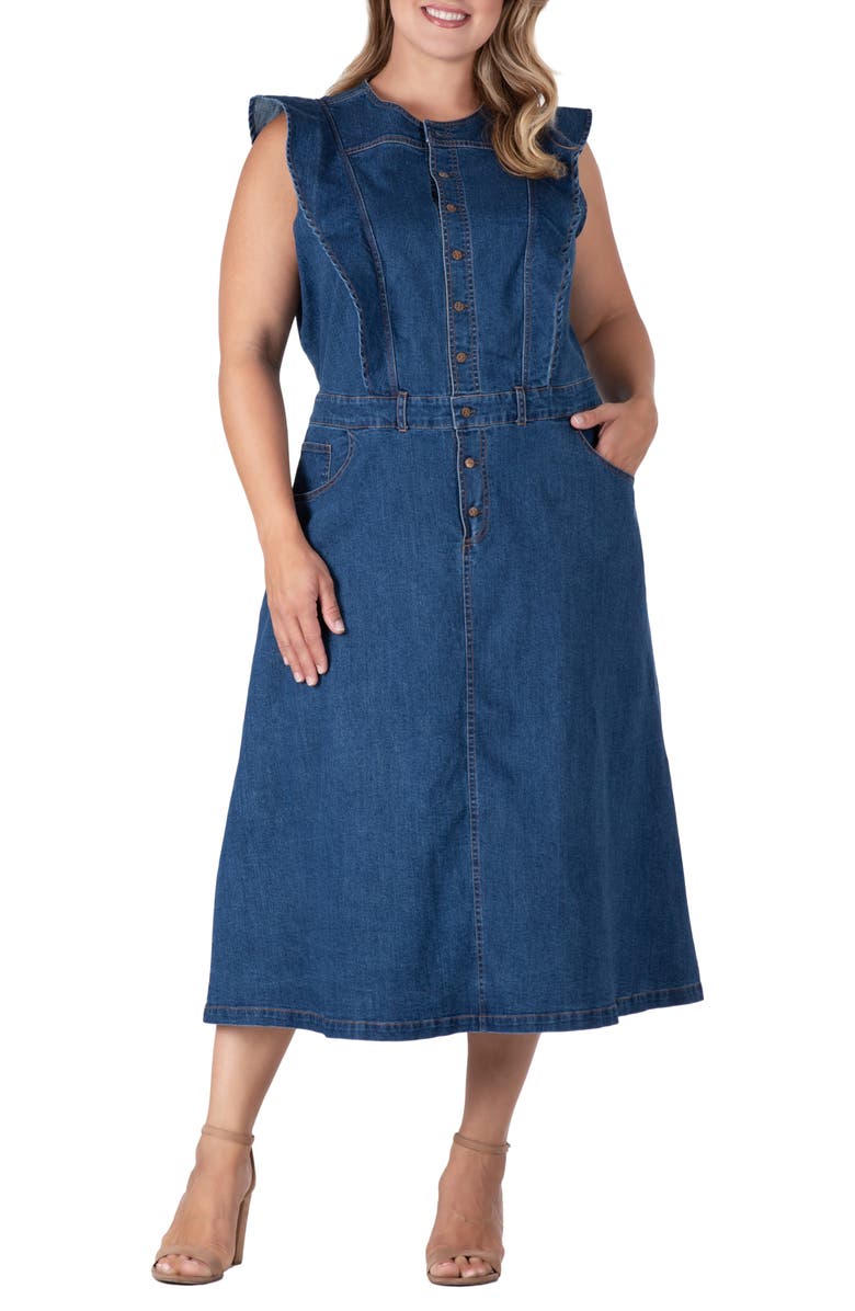 Standards & Practices Ruffle Sleeveless Denim Dress, Alternate, color, Dark Blue