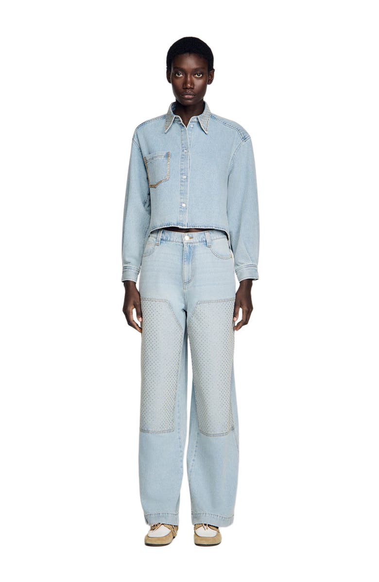 SANDRO Rhinestone cropped denim shirt, Alternate, color, Light Bu Jean