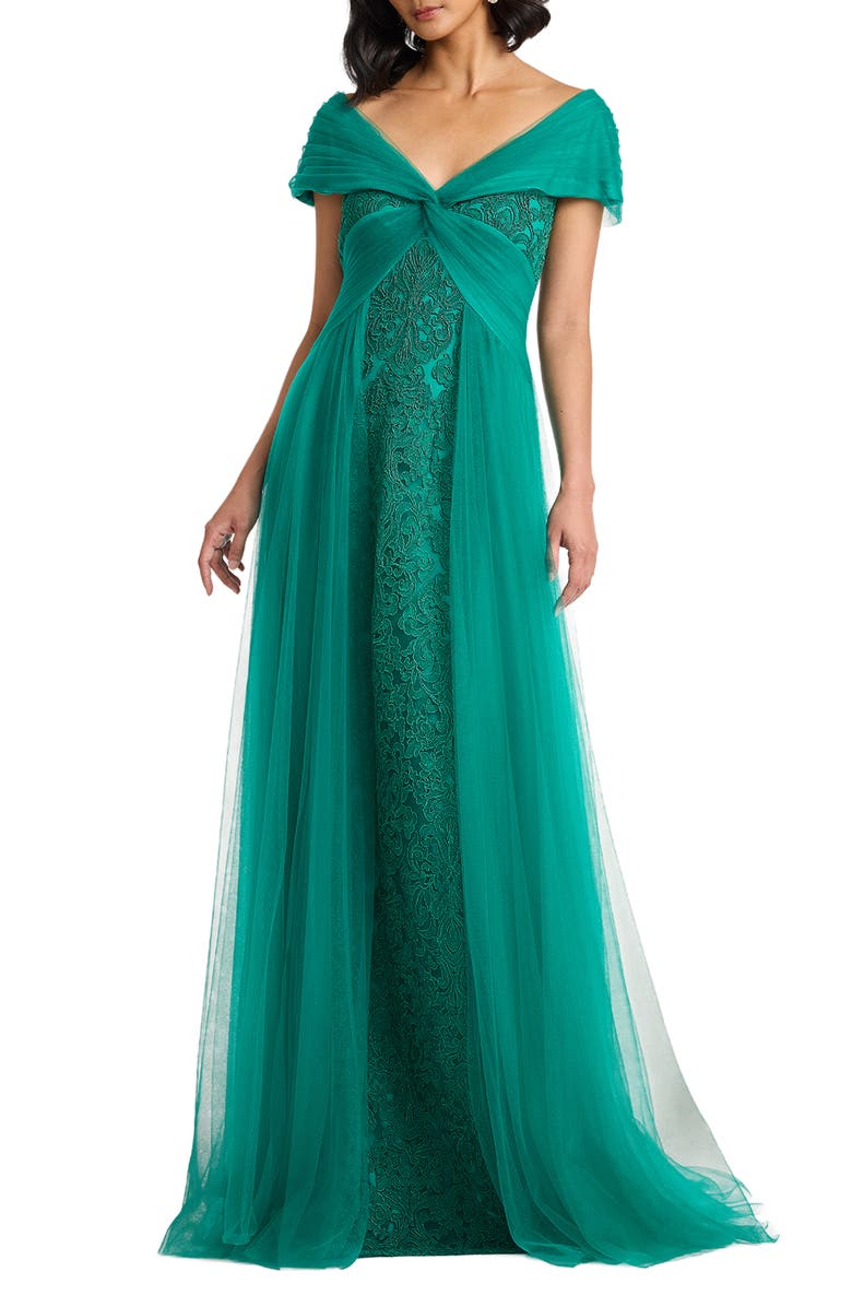 Tadashi Shoji Lace & Tulle Gown, Alternate, color, Emerald