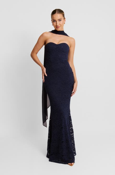 Lace Corset Maxi Dress With Neck Scarf