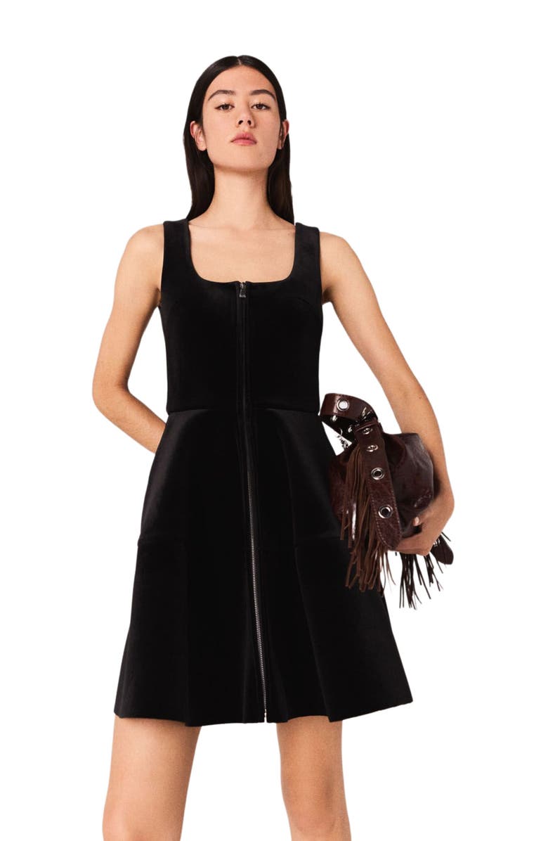 maje Mini velvet skater dress, Alternate, color, Black