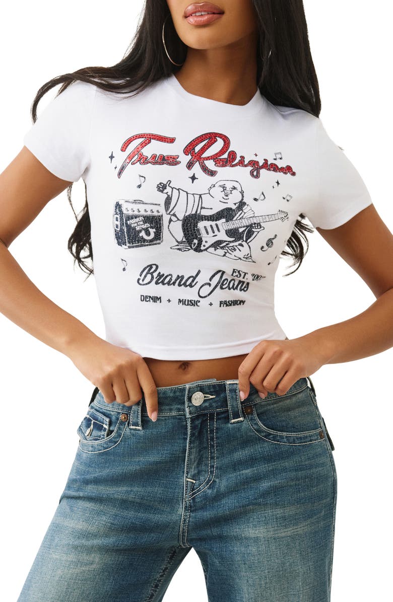 True Religion Crystal Buddha Cotton Graphic Baby Tee, Main, color, Optic White