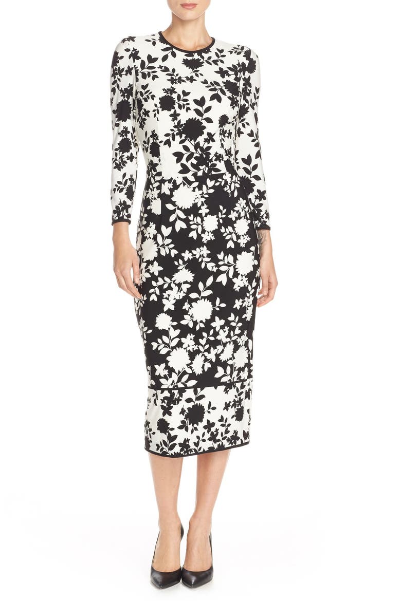 Floral Print Jersey Midi Dress, Main, color, SOFT WHITE/ BLACK
