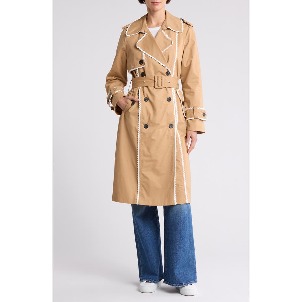 Avec Les Filles Lace Trim Double Breasted Cotton Trench Coat In Taupe
