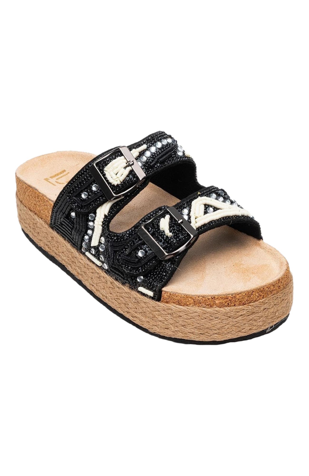 Prologue Shoes Bobby Beaded Straw Platform Slide Sandal, Alternate, color, Black Faux Leather
