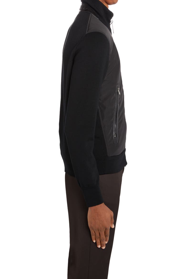 Mixed Media Funnel Neck Zip Sweater, Alternate, color, BLACK