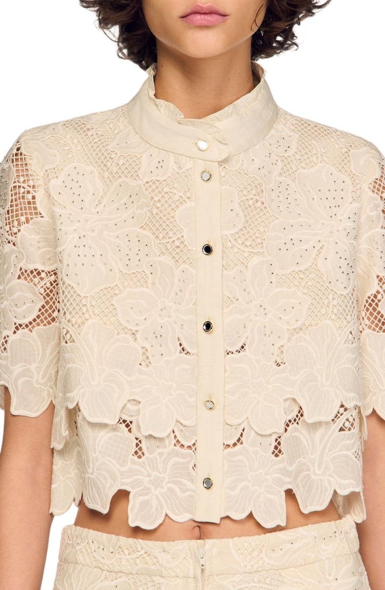 SANDRO Cropped floral guipure shirt, Alternate, color, Ecru
