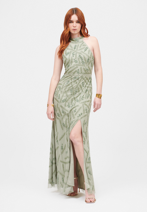 Beauut Embellished Sequin Beaded Halter Neck Gown In Sage Green