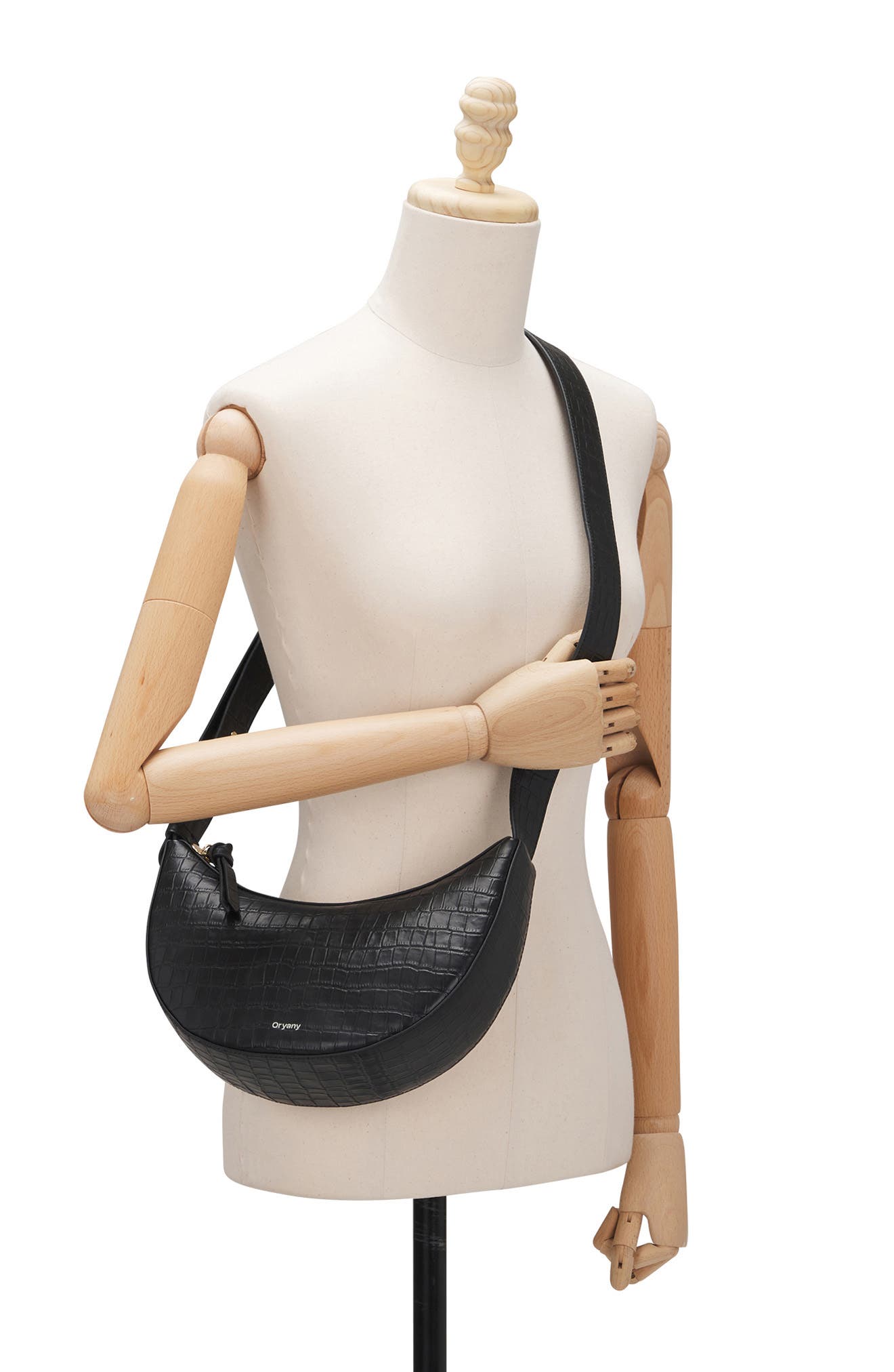 Oryany Rookie Crescent Croc Embossed Leather Crossbody Bag, Alternate, color, Black