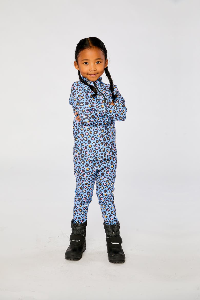 Two Piece Leopard Brushed Half-Zip Top & Pants Thermal Underwear, Alternate, color, Blue Leopard Print