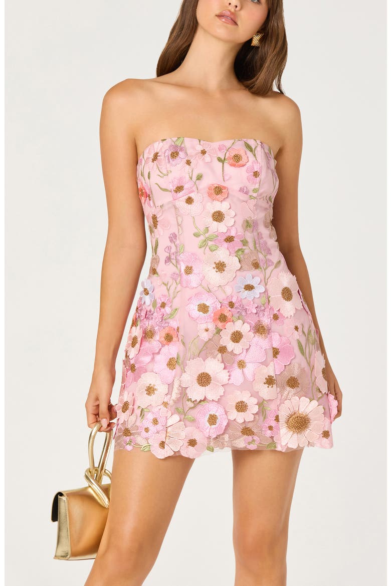 Julissa 3D Floral Appliqué Strapless Minidress, Alternate, color, PINK FLORAL