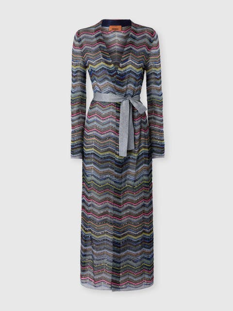 Long Chevron Viscose-blend Cardigan With Belt