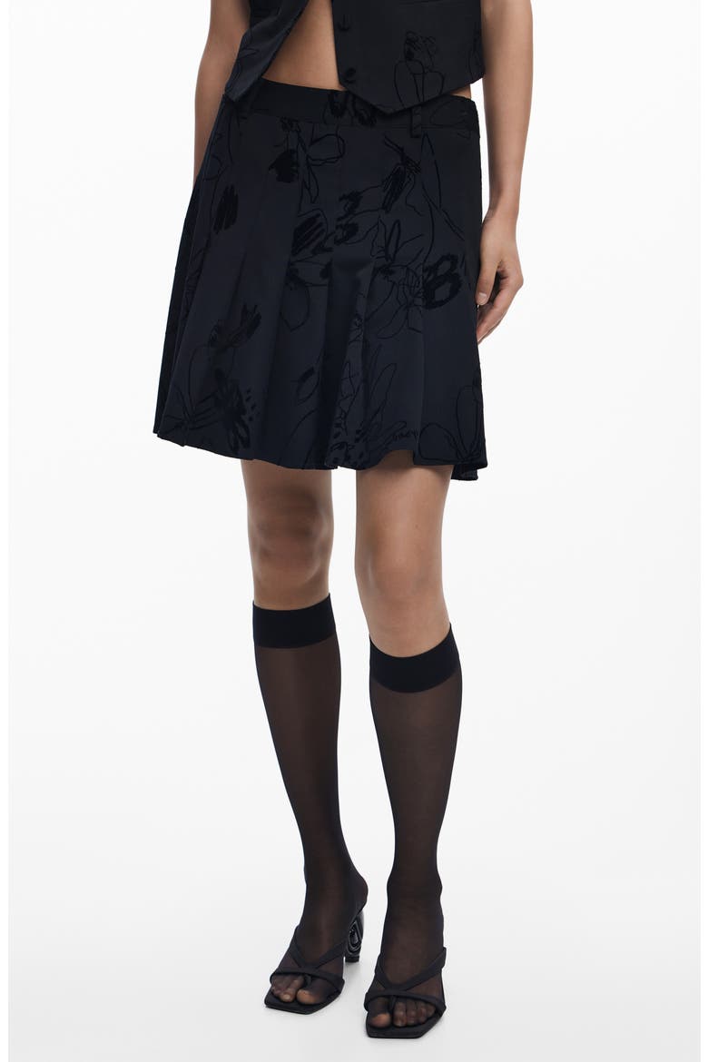 Floral Embroidered Pleated Miniskirt, Main, color, BLACK