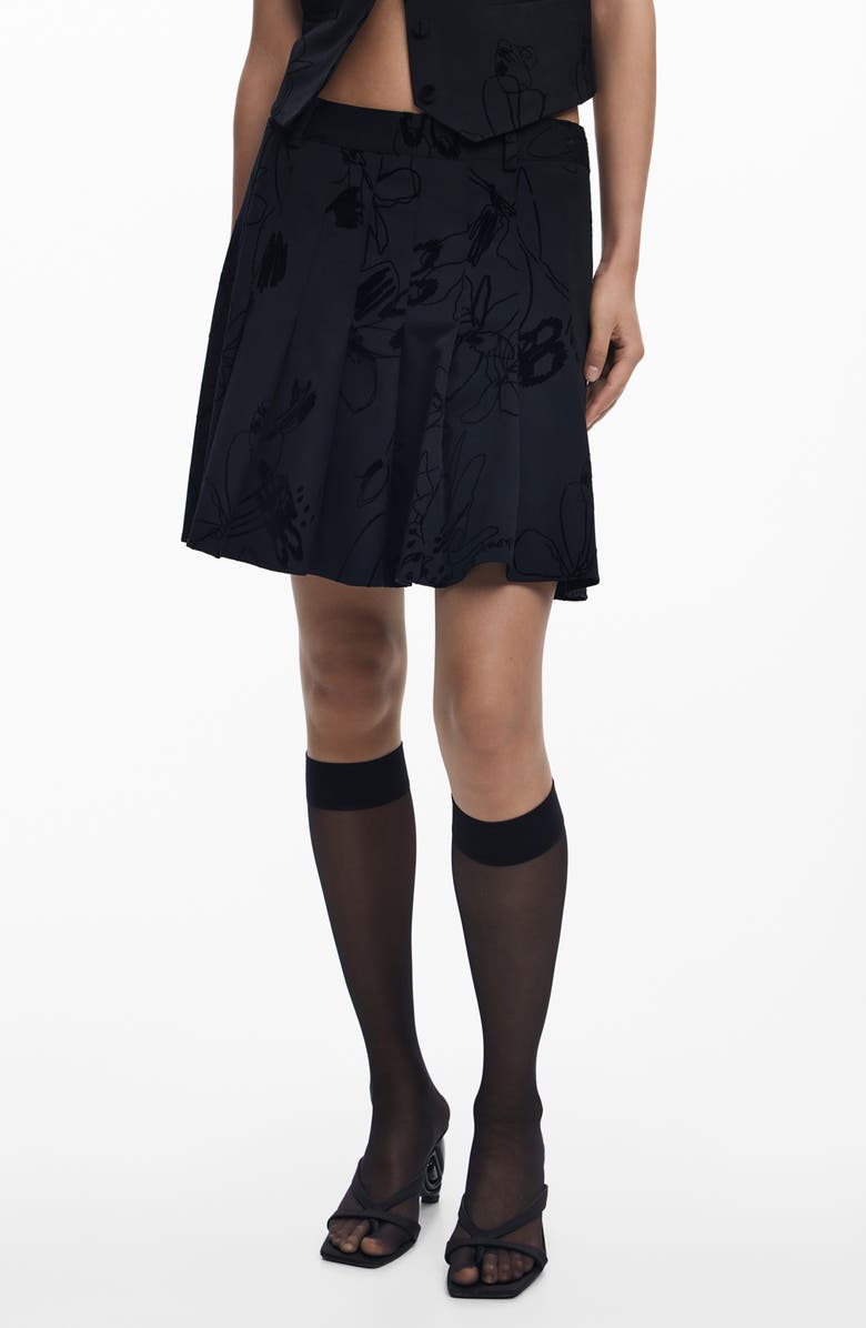 Desigual Floral Embroidered Pleated Miniskirt, Main, color, Black