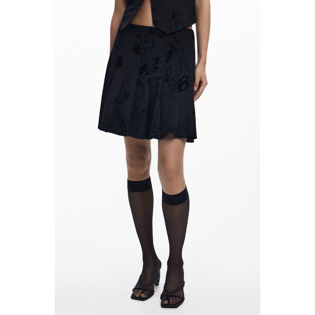 Desigual Floral Embroidered Pleated Miniskirt In Black