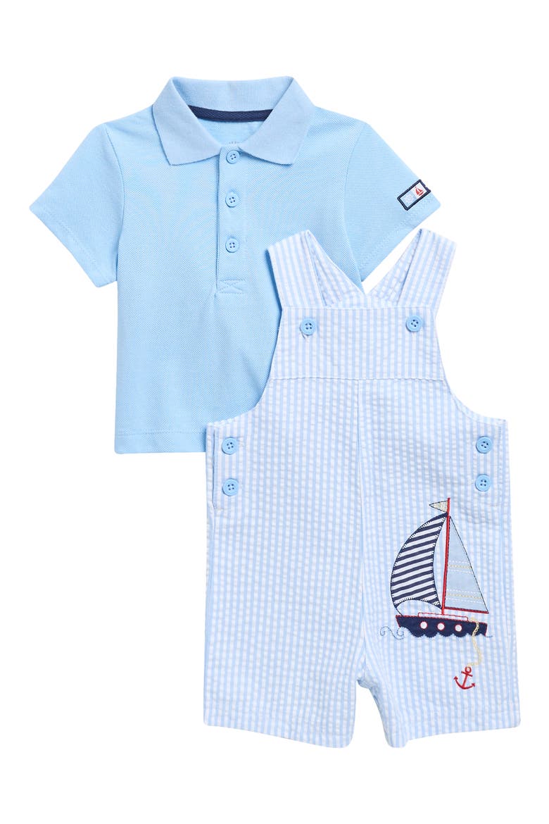 Sailboat Polo & Stripe Overalls Set, Main, color, BLUE