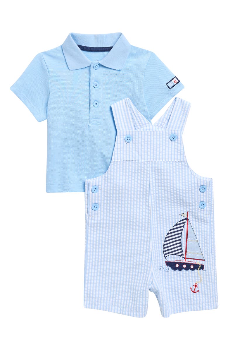 Little Me Sailboat Polo & Stripe Overalls Set, Main, color, 