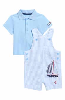 Little Me Sailboat Polo & Stripe Overalls Set