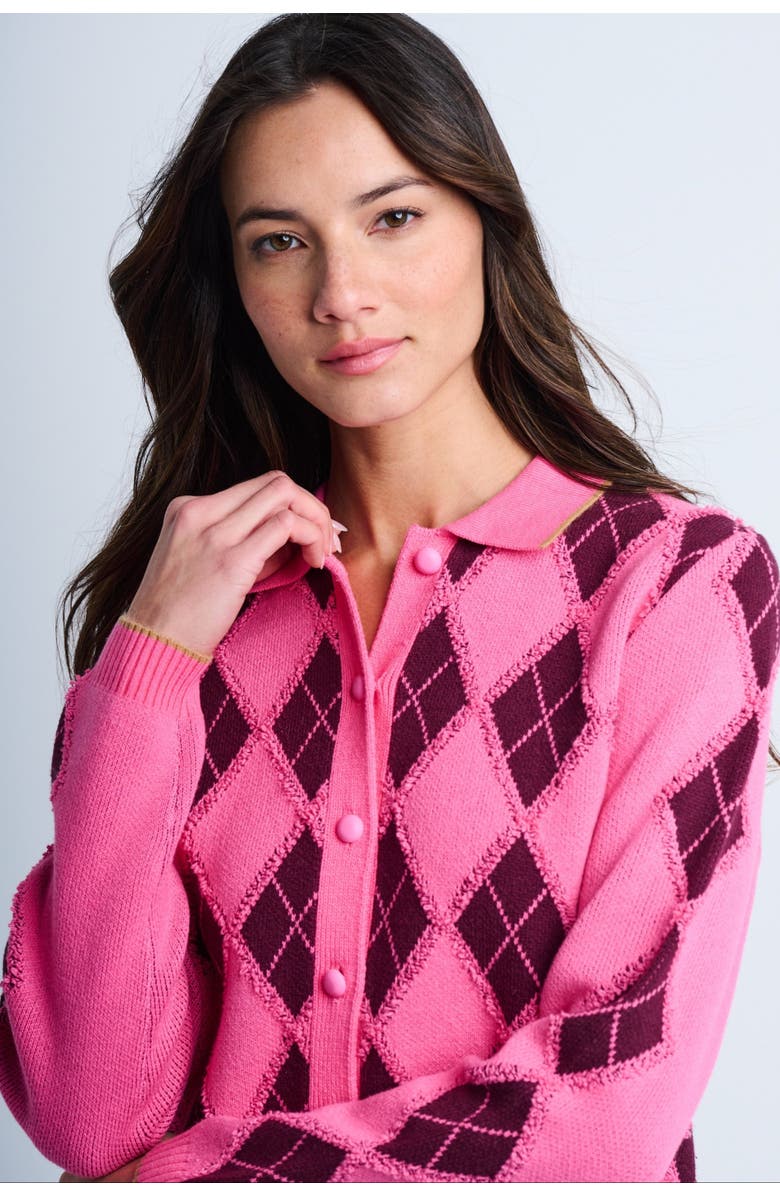 Lisa Todd Diamond Dip Argyle Cardigan, Alternate, color, Neon Pink