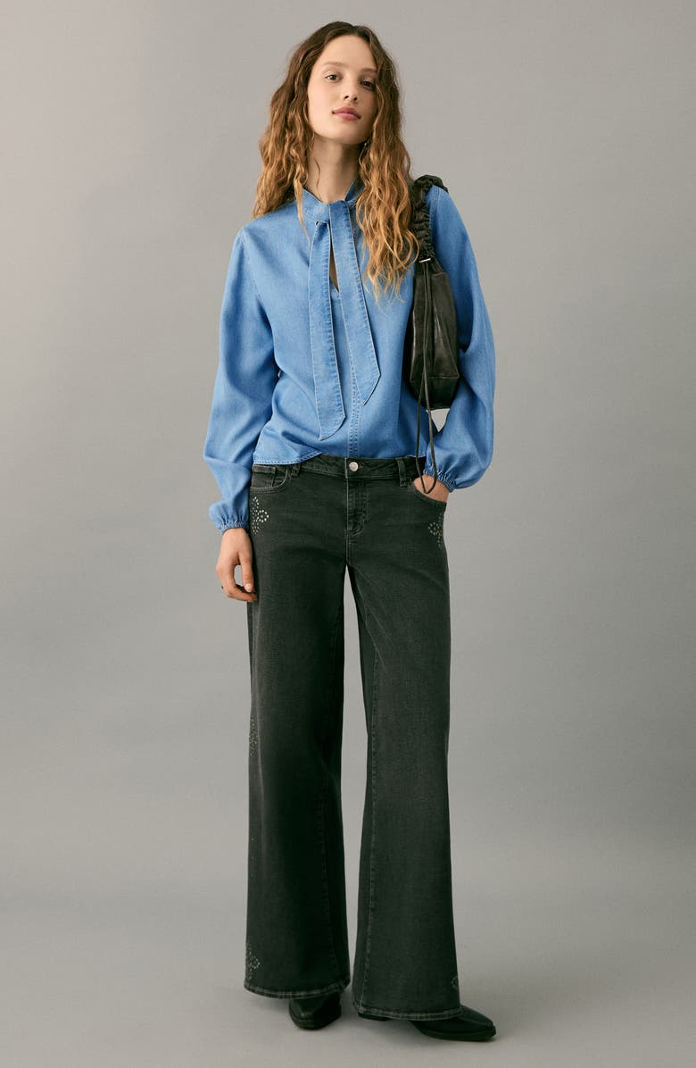 MANGO TEEN Tie Neck Popover Shirt, Main, color, Medium Blue