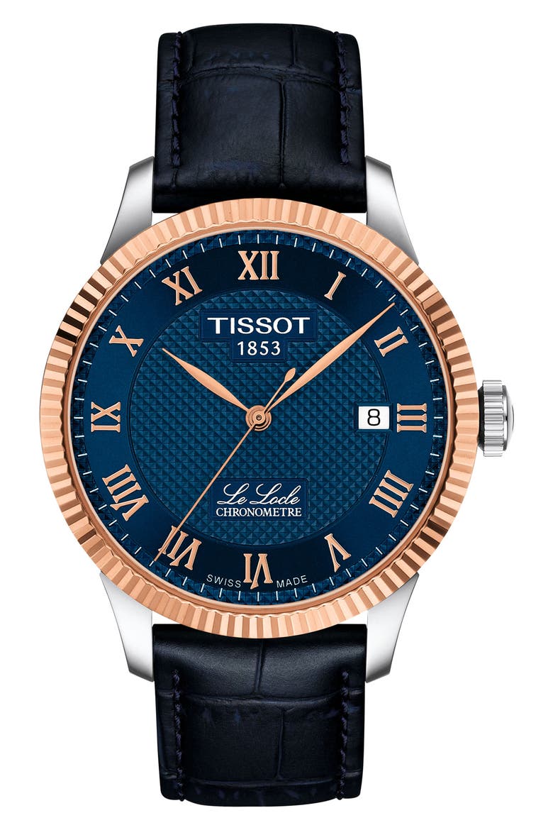 Le Locle Powermatic 80 Leather Strap Watch, 39.3mm, Main, color, BLUE