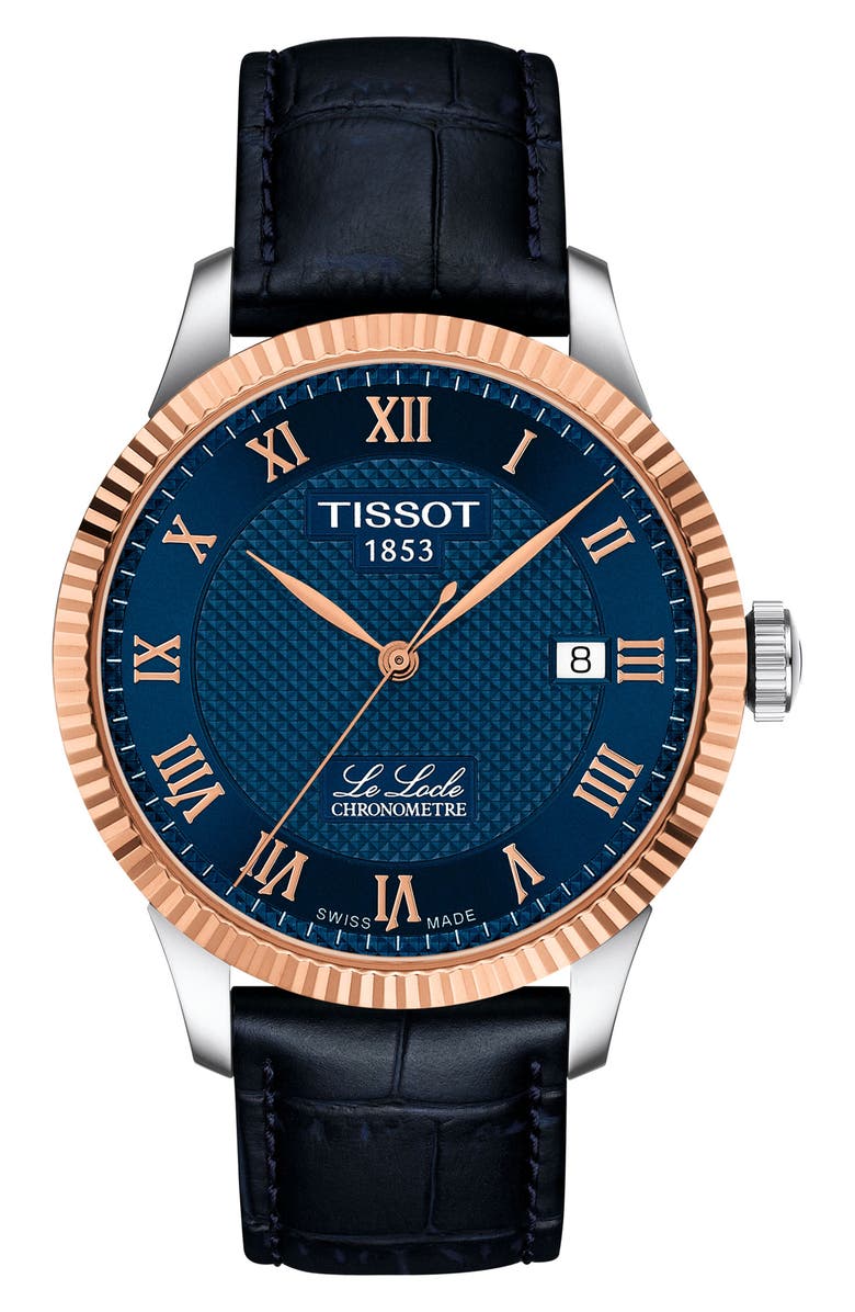 Tissot Le Locle Powermatic 80 Leather Strap Watch, 39.3mm, Main, color, Blue