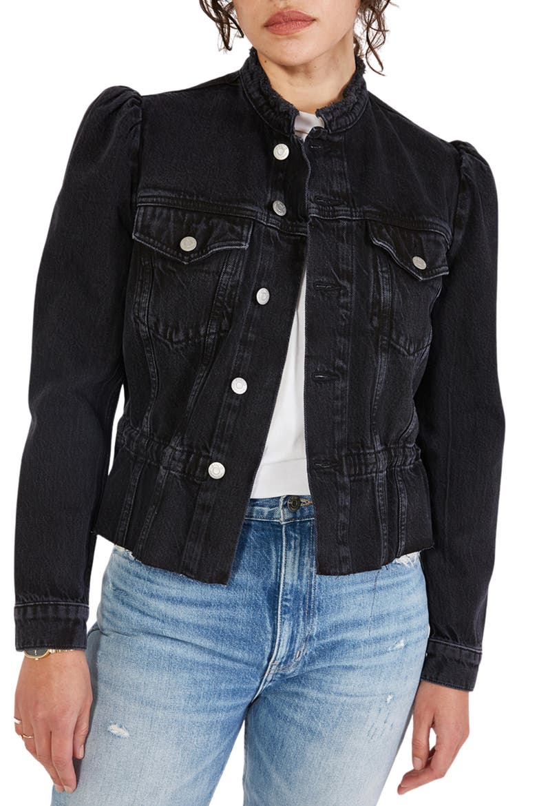 Remi Reconstructed Puff Sleeve Raw Hem Denim Jacket, Main, color, BLACK ROCK