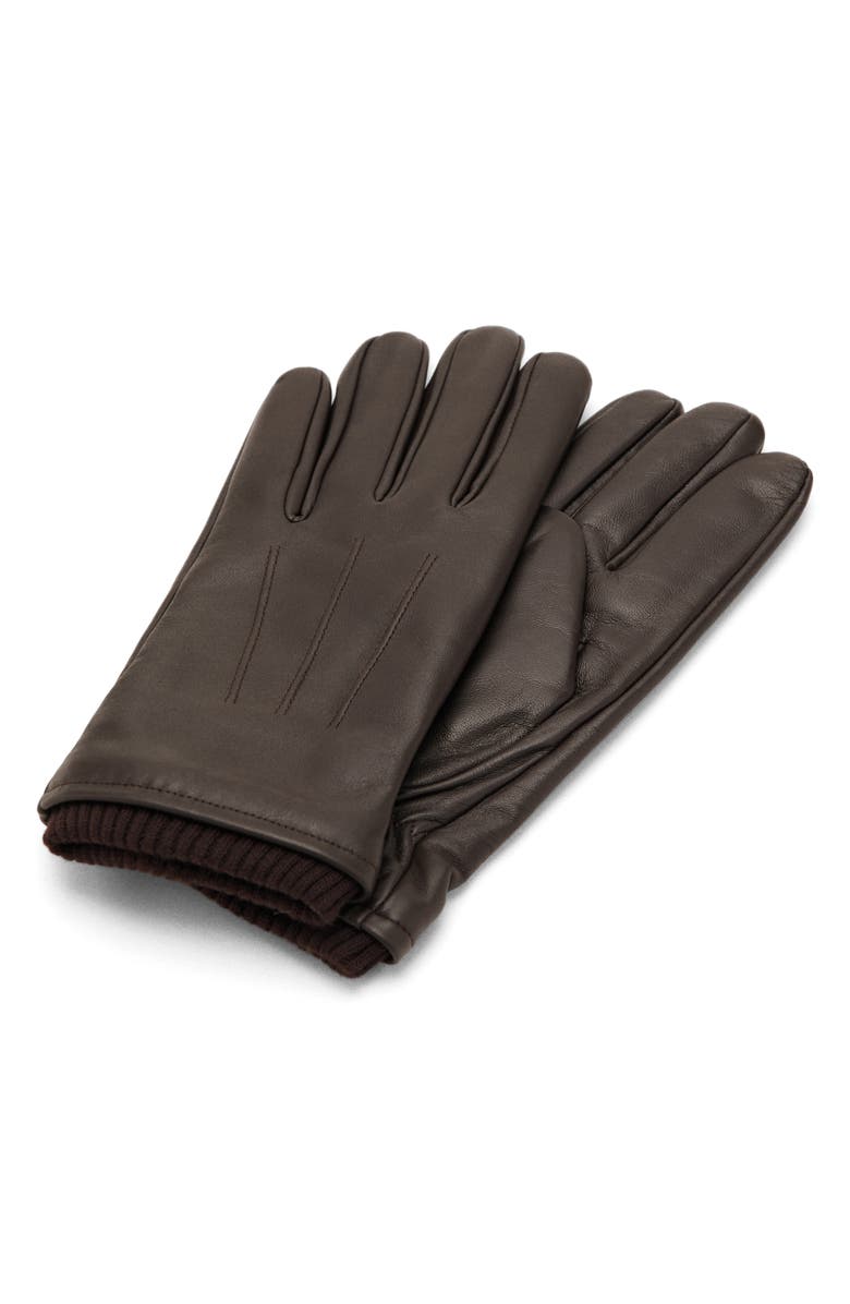 MANGO Rib Cuff Leather Gloves, Alternate, color, Brown
