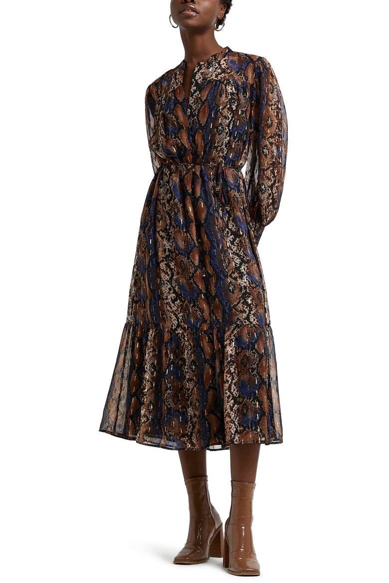 Snakeskin Print Tiered Long Sleeve Midi Dress, Main, color, BROWN