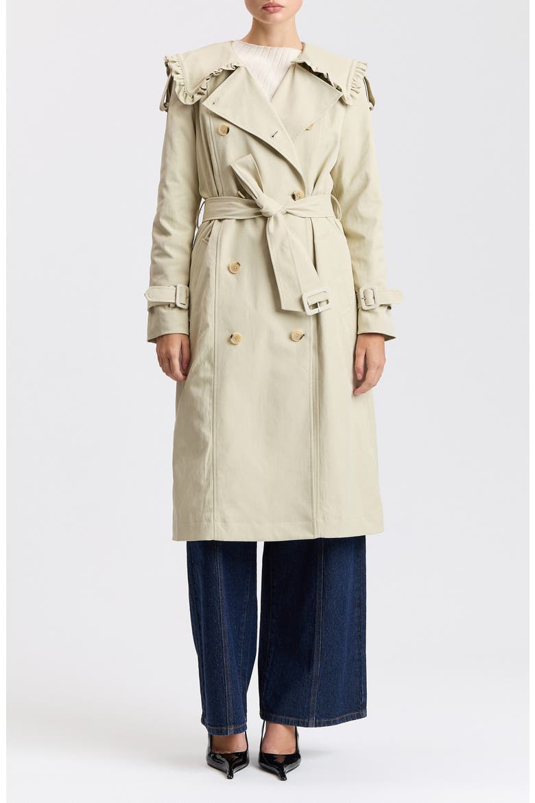 Ruffle Trim Victorian Trench Coat, Alternate, color, CHALK