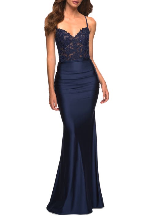 Jewel Tone Jersey Gown with Sheer Lace Bodice