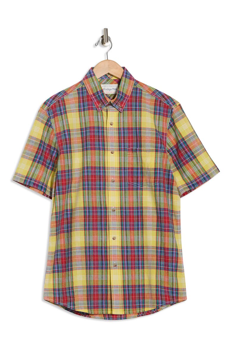 Madras Short Sleeve Button-Down Shirt, Alternate, color, RED PLAID