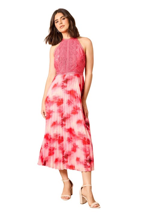 Printed Lace Mix Halterneck Midi Dress