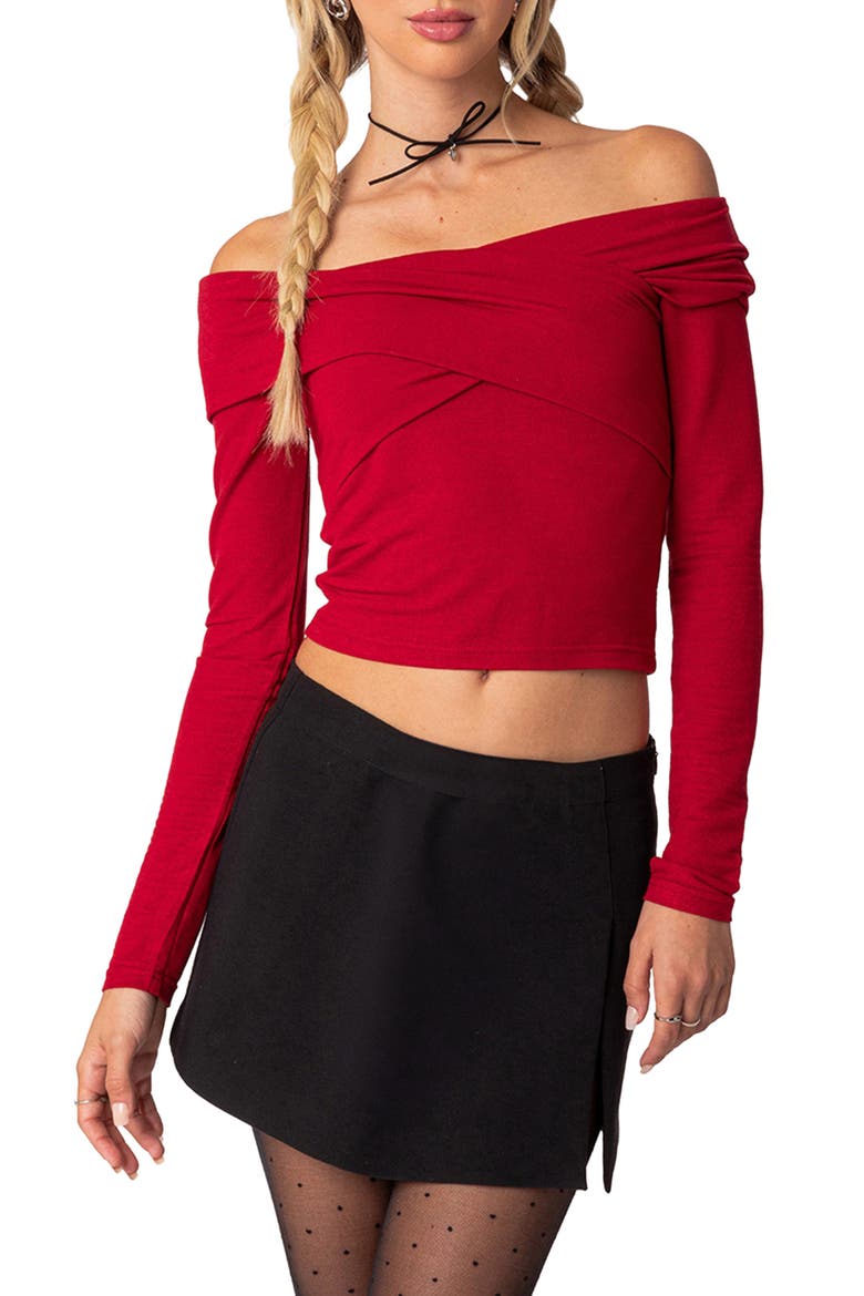 Off the Shoulder Long Sleeve Crop Top, Main, color, RED