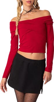 EDIKTED Off the Shoulder Long Sleeve Crop Top