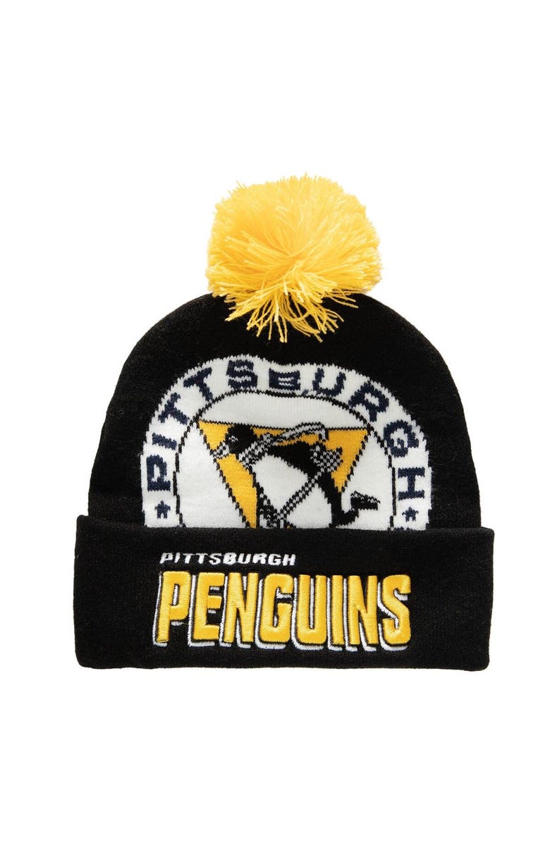 Mitchell & Ness Men's Mitchell & Ness Black Pittsburgh Penguins Punch Out Cuffed Knit Hat with Pom, Main, color, Black