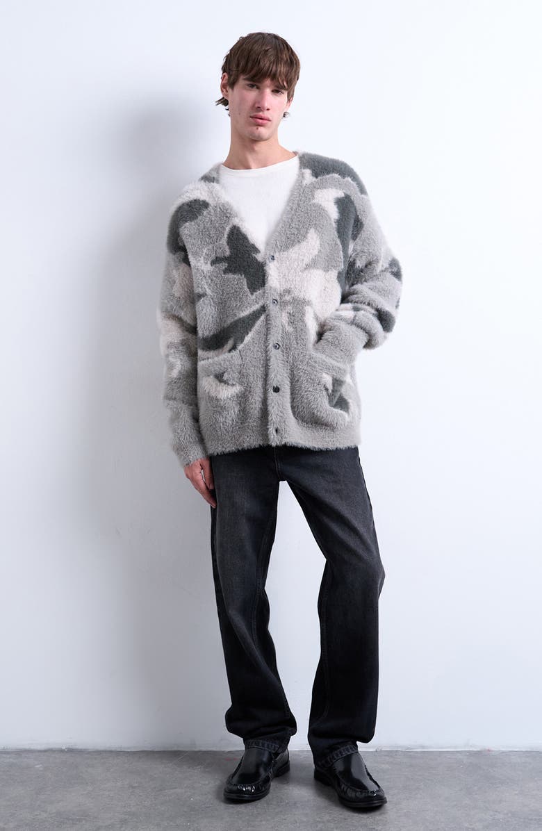 Topman Abstract Print Fuzzy V-Neck Oversize Cardigan, Alternate, color, Grey