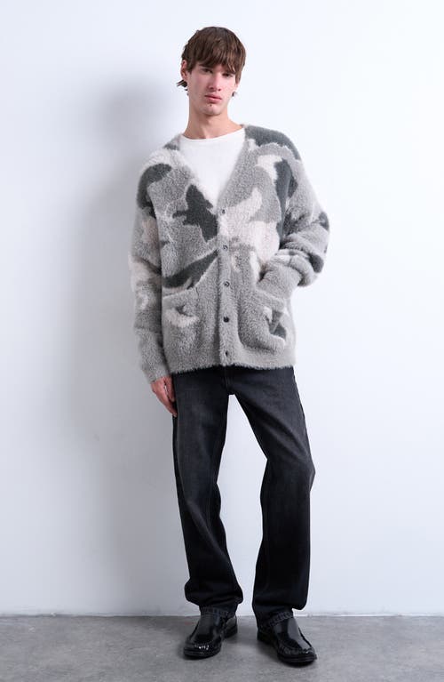 Topman Abstract Print Fuzzy V-neck Oversize Cardigan In Gray