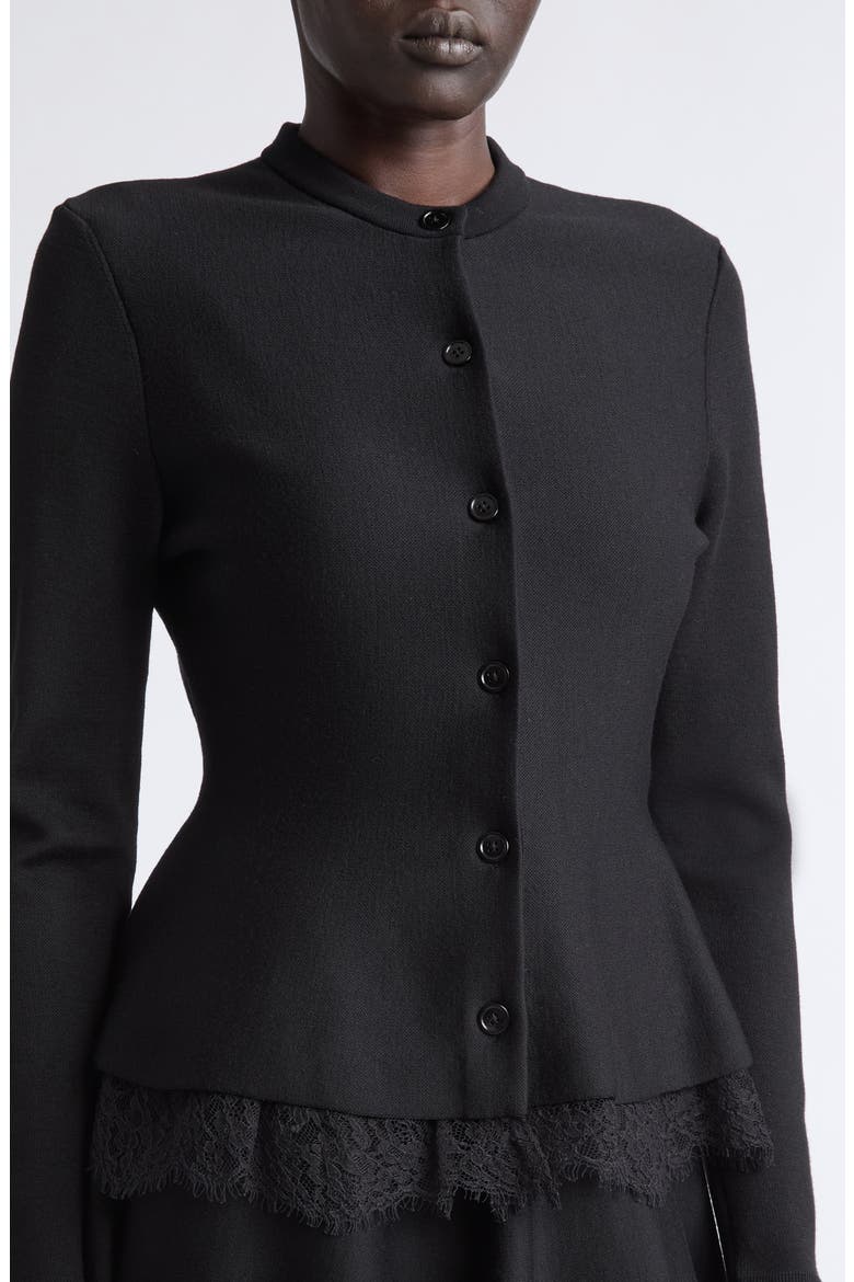 Lace Trim Peplum Cardigan, Alternate, color, BLACK